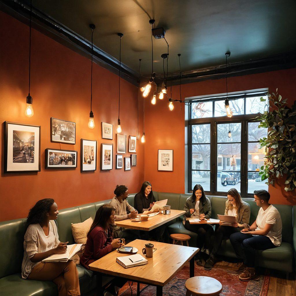 A cozy, inviting space filled with individuals of diverse backgrounds sharing stories, laughter, and connection. Incorporate elements like a warm coffee shop atmosphere, personal journals, and a glowing lightbulb symbolizing ideas. Show visual representations of different personal stories like photographs or drawings hanging on the walls. Emphasize warmth and community with soft, inviting colors. vibrant colors. super-realistic.