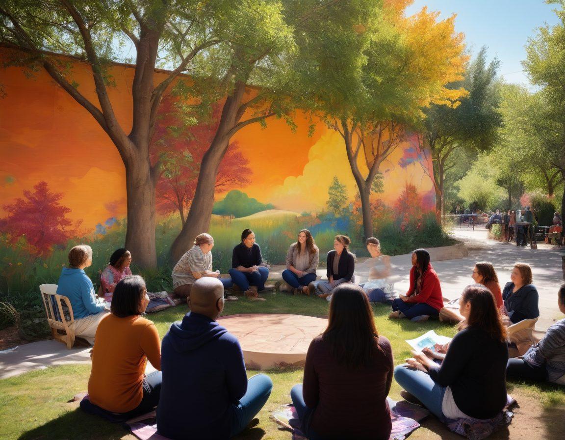 A warm, inviting setting featuring a diverse group of people engaged in storytelling, with one person passionately sharing their personal story. In the background, vibrant scenery representing the Astatalk community, such as colorful murals and an open park space, creating an atmosphere of connection and creativity. Soft sunlight filtering through trees, enhancing the cozy vibe. super-realistic. vibrant colors. warm tones.